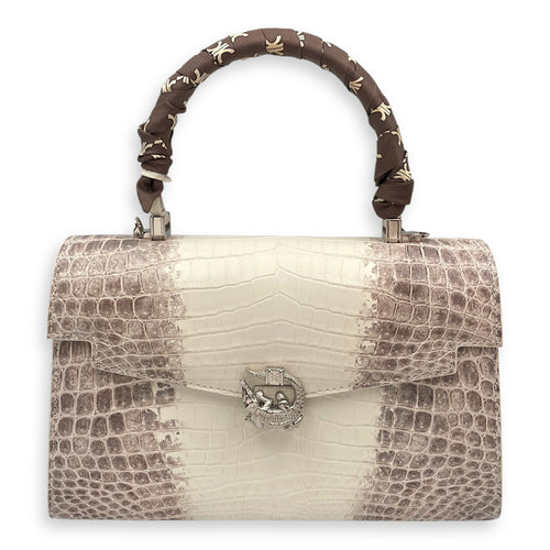 Homage Crescent White Top Handle Bag in Matte Niloticus, Silver hardware