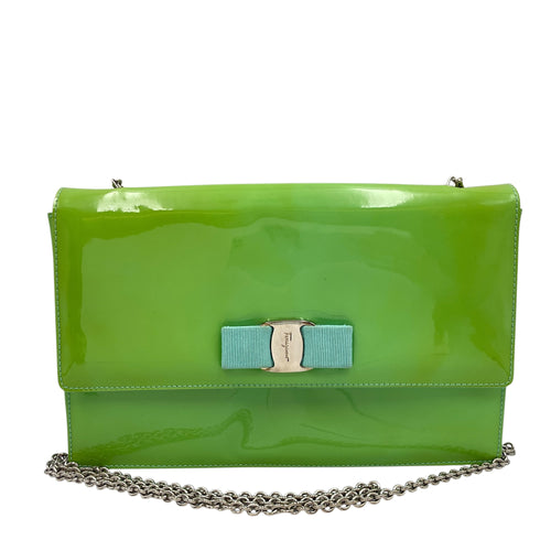 Cara Bow Green Crossbody Bag in Patent Leather, Silver hardware