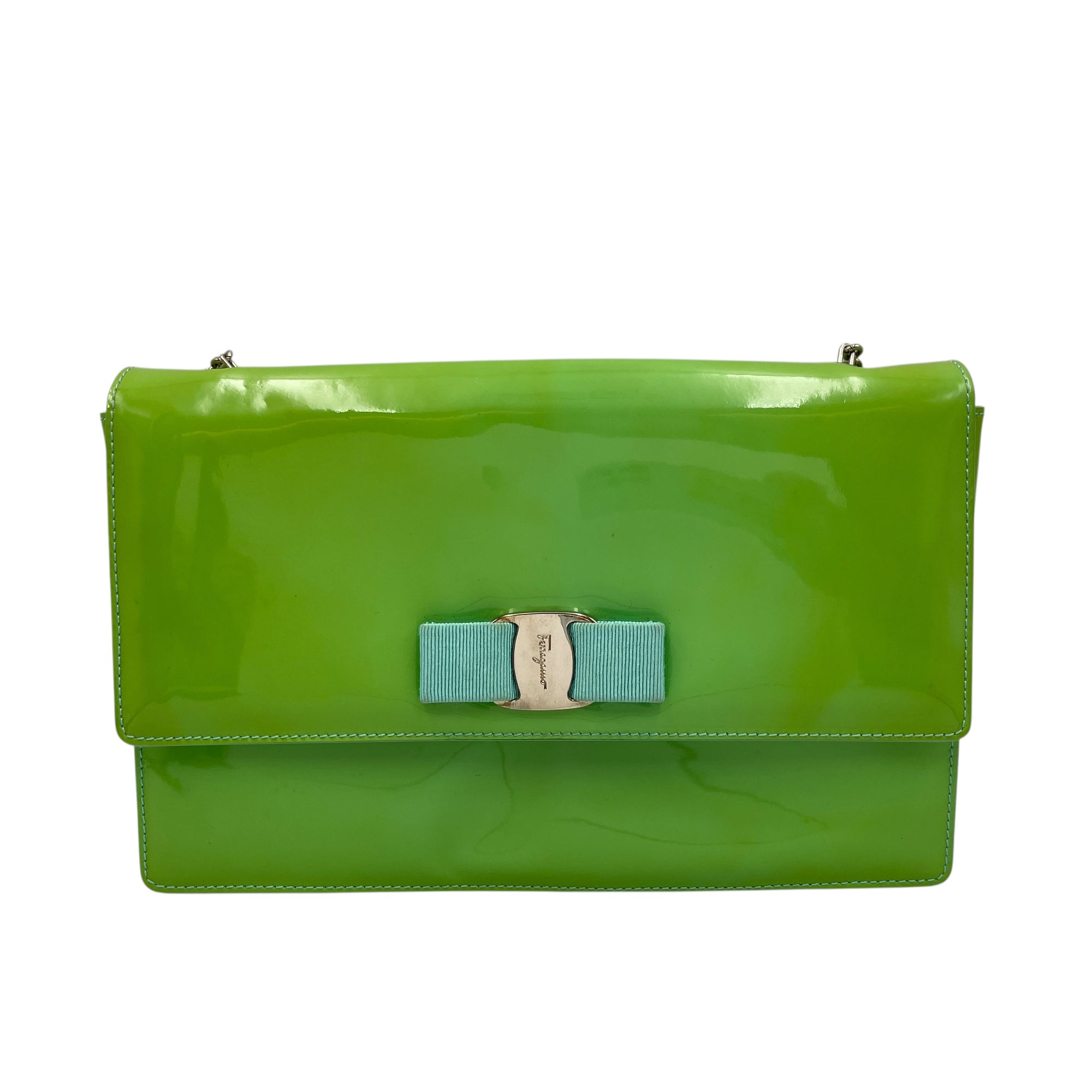 Cara Bow Green Crossbody Bag in Patent Leather, Silver hardware