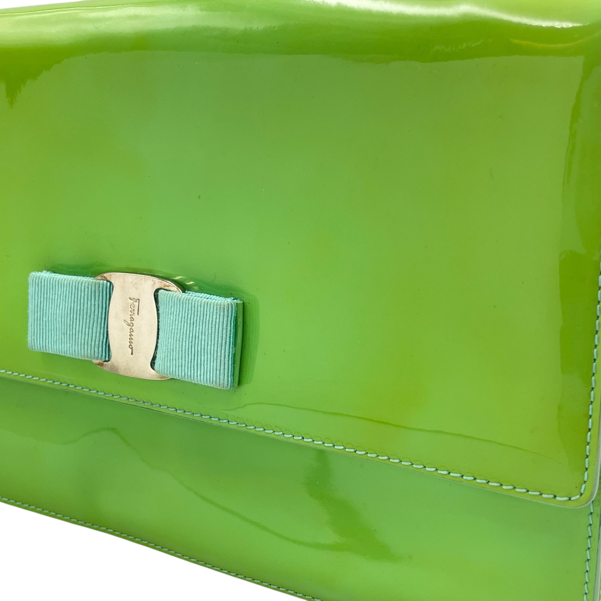 Cara Bow Green Crossbody Bag in Patent Leather, Silver hardware