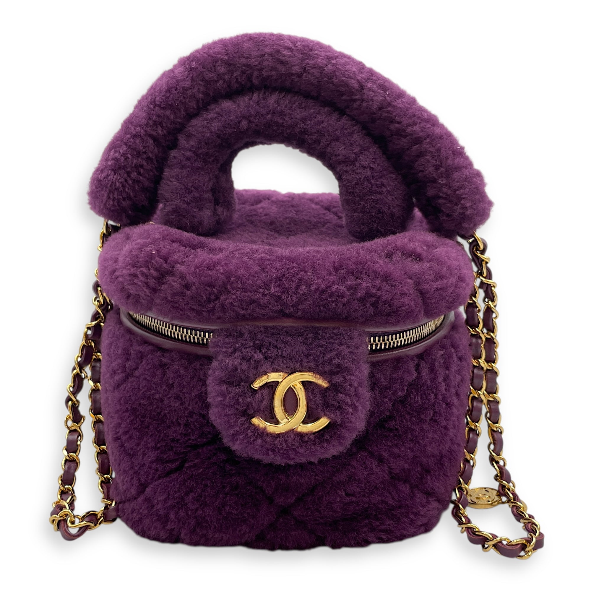 Shearling Quilted Vanity Purple Shoulder Bag in Lambskin, Gold hardware