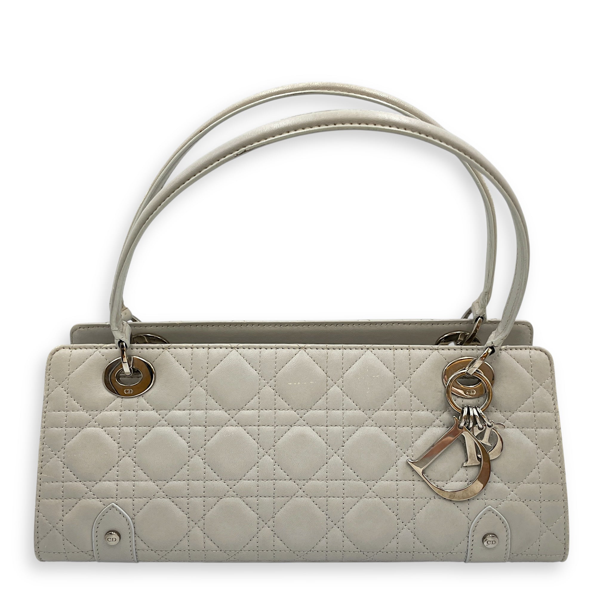 East West Cannage Quilted Grey Shoulder Bag in Lambskin, Silver hardware