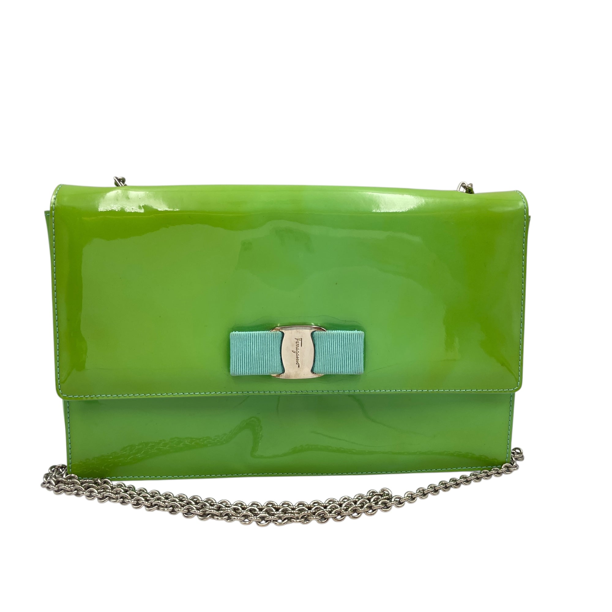 Cara Bow Green Crossbody Bag in Patent Leather, Silver hardware