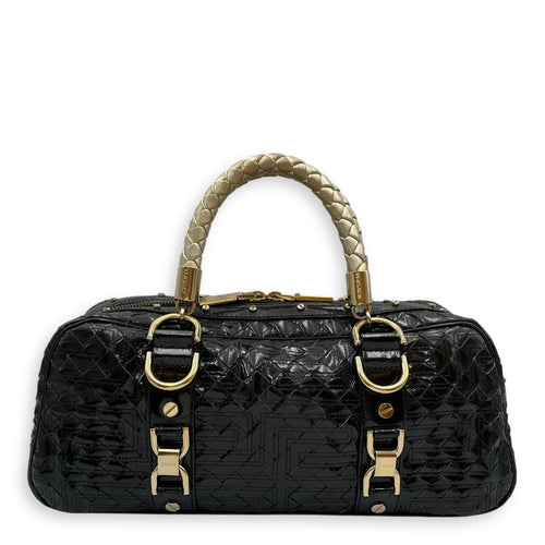 Snap Out Of It Satchel Black Top Handle Bag in Patent Leather, Gold hardware