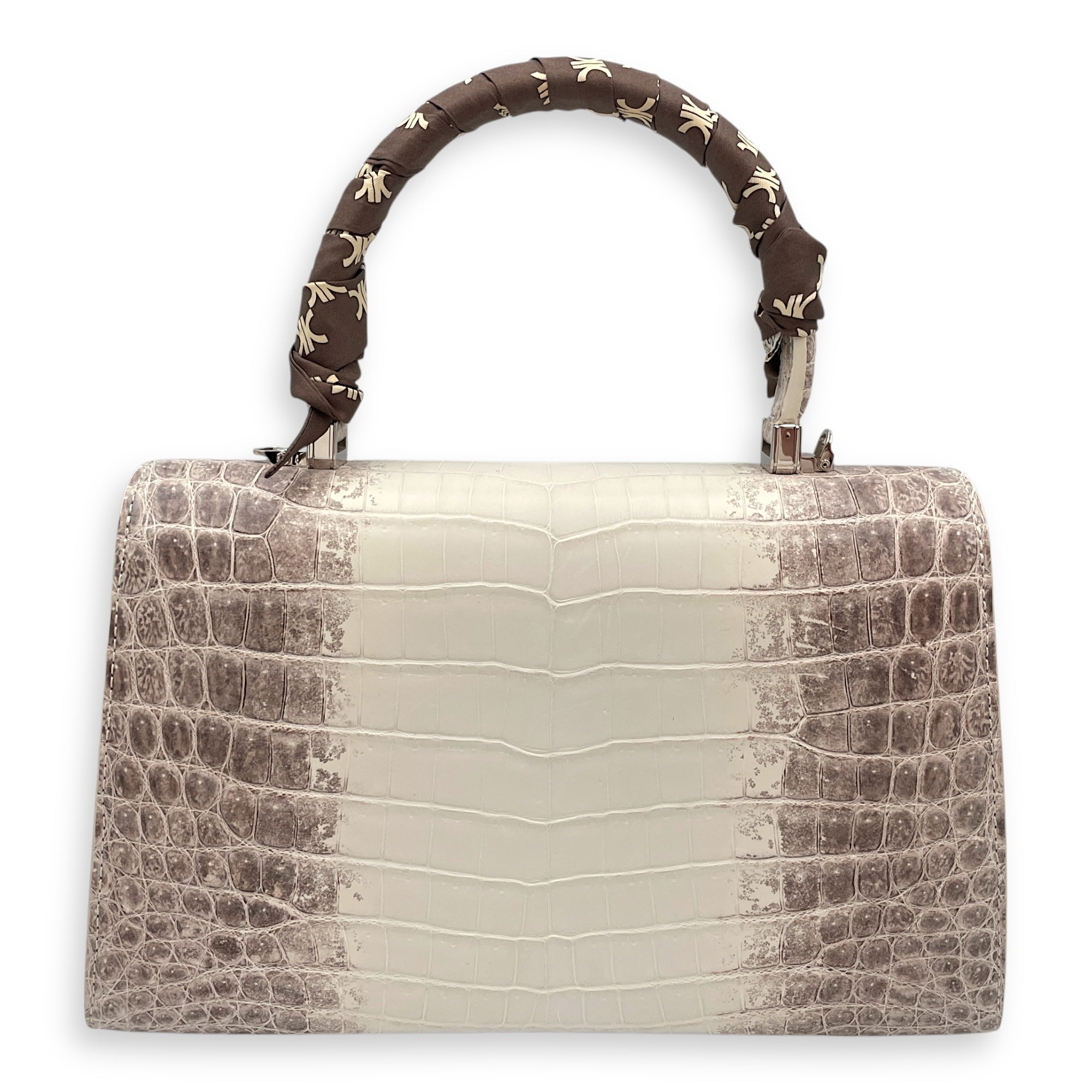 Homage Crescent White Top Handle Bag in Matte Niloticus, Silver hardware
