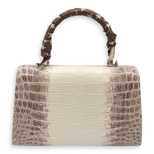 Homage Crescent White Top Handle Bag in Matte Niloticus, Silver hardware