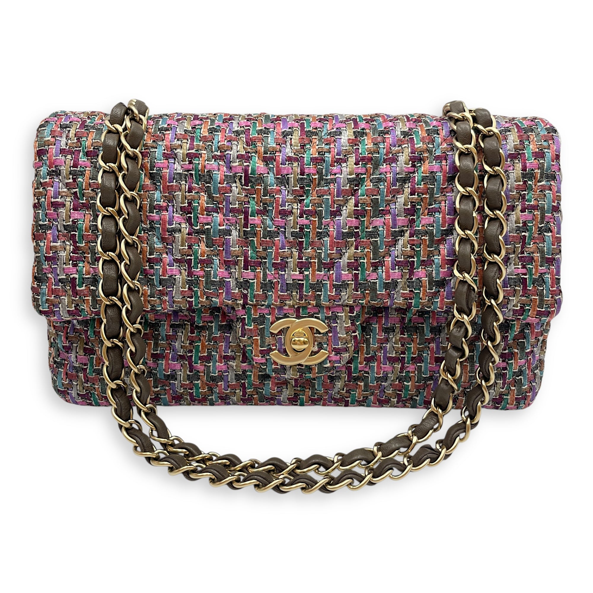 Tweed Classic Medium Multi-Color Double Flap Bag in Tweed, Gold hardware