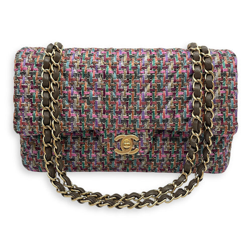 Tweed Classic Medium Multi-Color Double Flap Bag in Tweed, Gold hardware