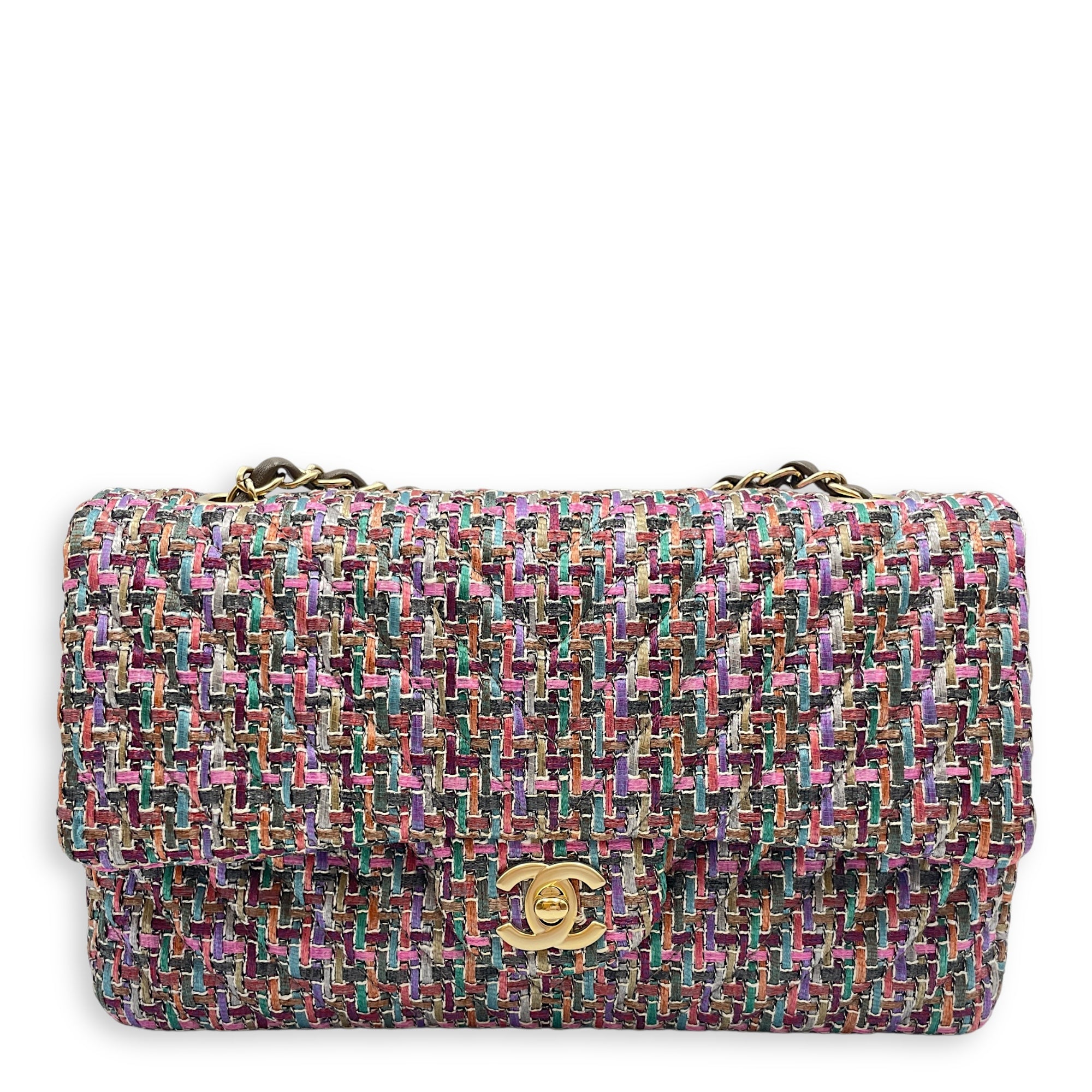 Tweed Classic Medium Multi-Color Double Flap Bag in Tweed, Gold hardware