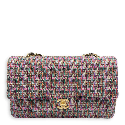 Tweed Classic Medium Multi-Color Double Flap Bag in Tweed, Gold hardware