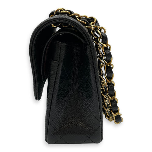 Classic Small Black Double Flap Bag in Caviar Leather, Gold hardware