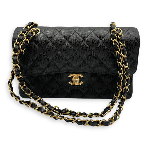 Classic Small Black Double Flap Bag in Caviar Leather, Gold hardware