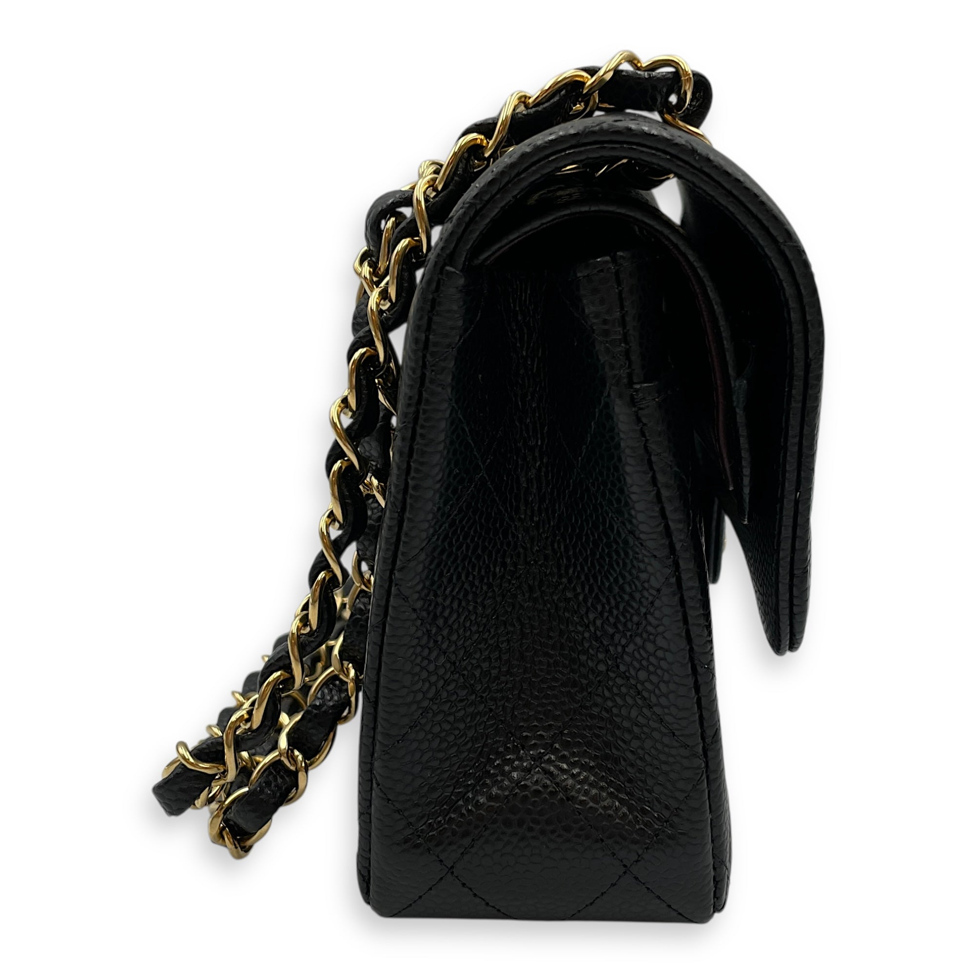Classic Small Black Double Flap Bag in Caviar Leather, Gold hardware