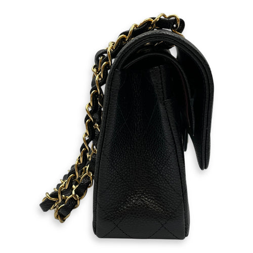 Classic Small Black Double Flap Bag in Caviar Leather, Gold hardware