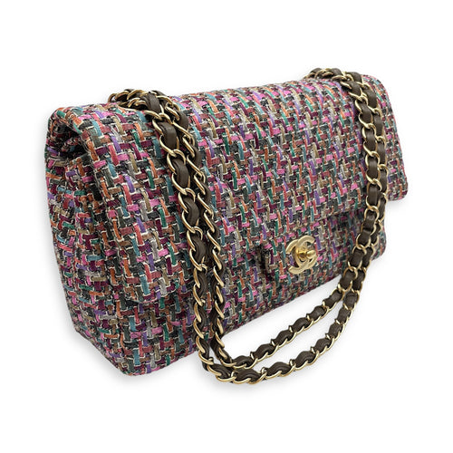 Tweed Classic Medium Multi-Color Double Flap Bag in Tweed, Gold hardware