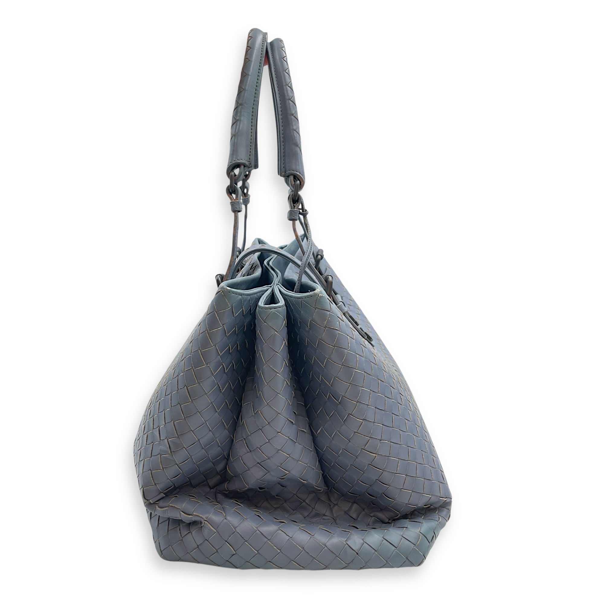 Intrecciato Roma Blue Shoulder Bag in Nappa Leather, Gunmetal hardware
