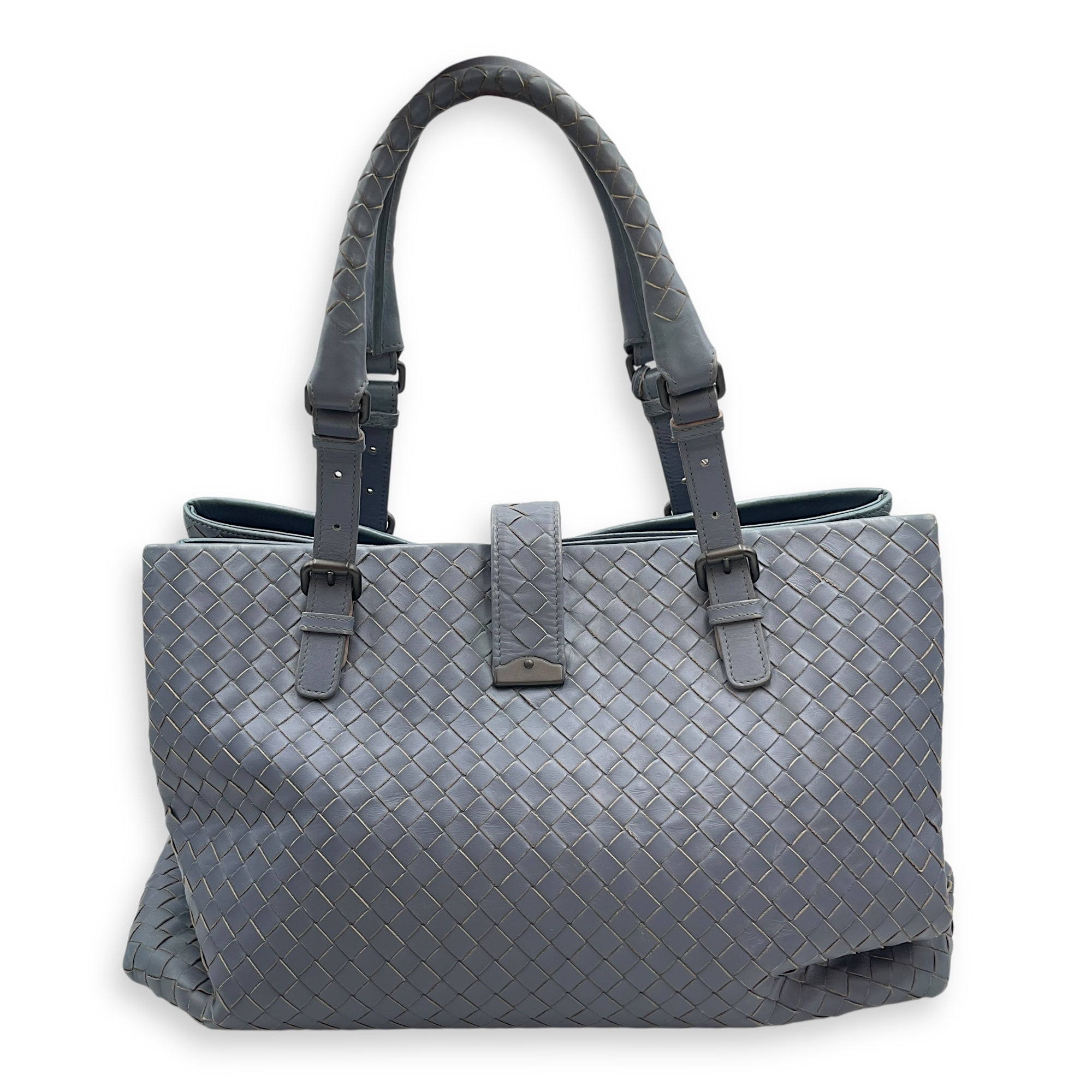 Intrecciato Roma Blue Shoulder Bag in Nappa Leather, Gunmetal hardware