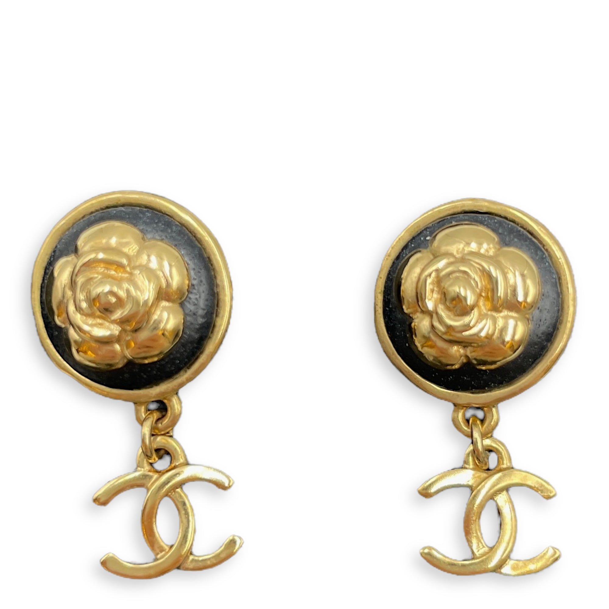 Camelia CC Logo Black Earrings , Gold hardware