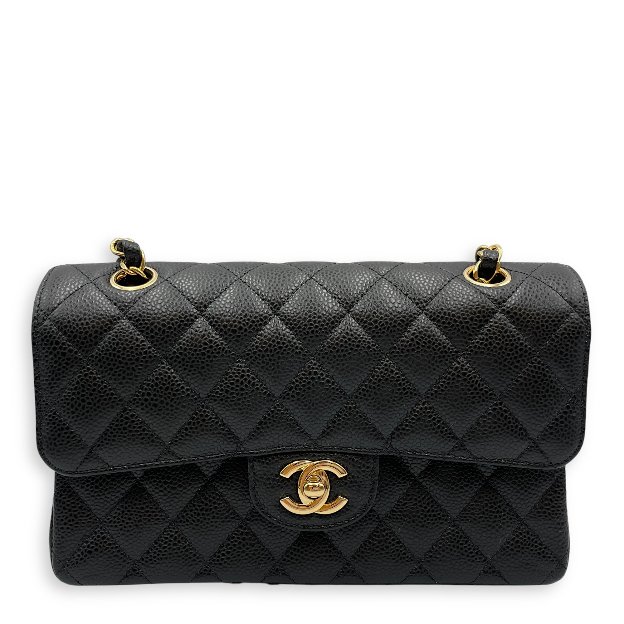 Classic Small Black Double Flap Bag in Caviar Leather, Gold hardware
