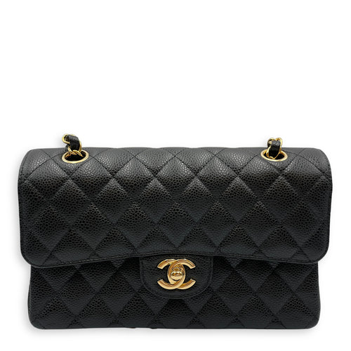Classic Small Black Double Flap Bag in Caviar Leather, Gold hardware