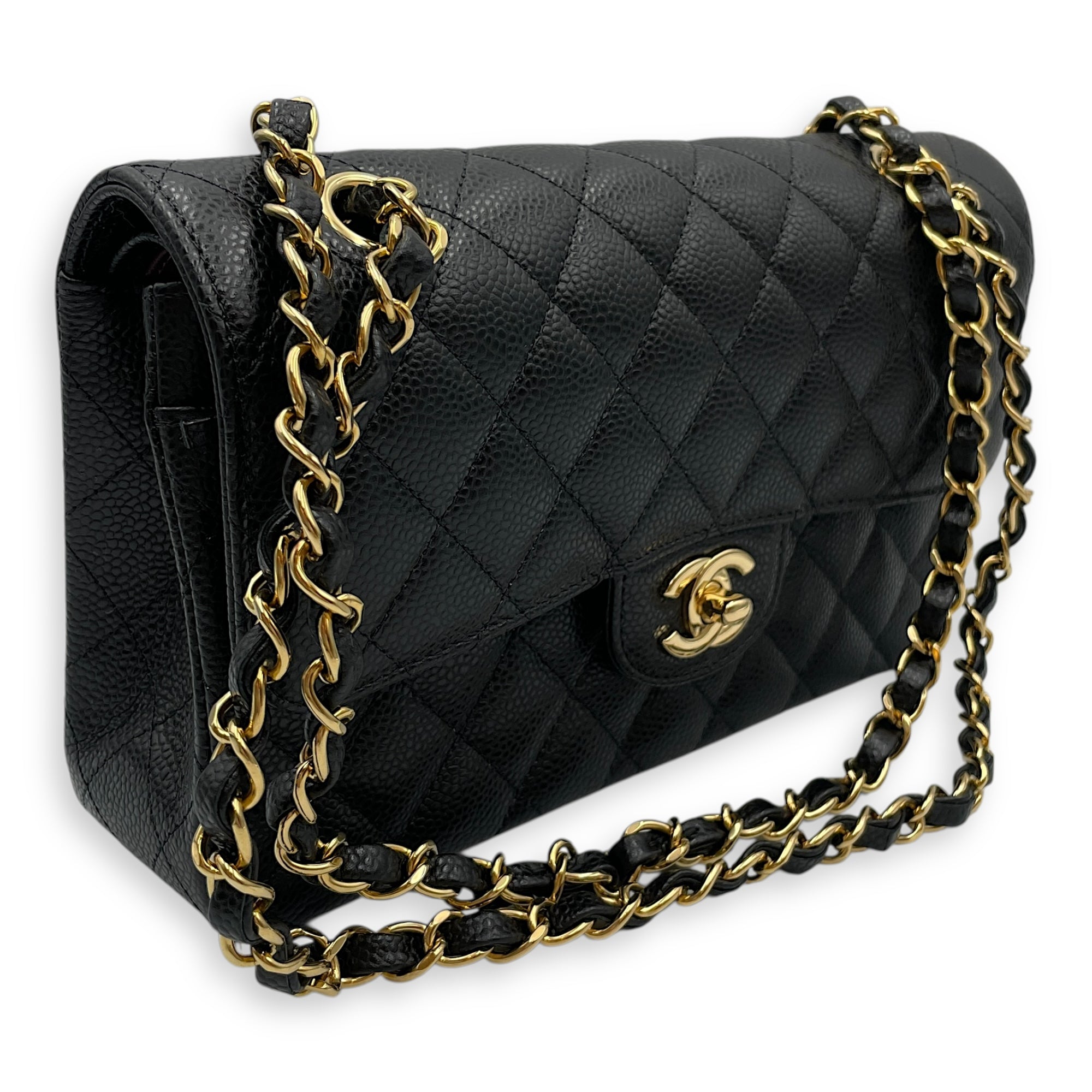 Classic Small Black Double Flap Bag in Caviar Leather, Gold hardware