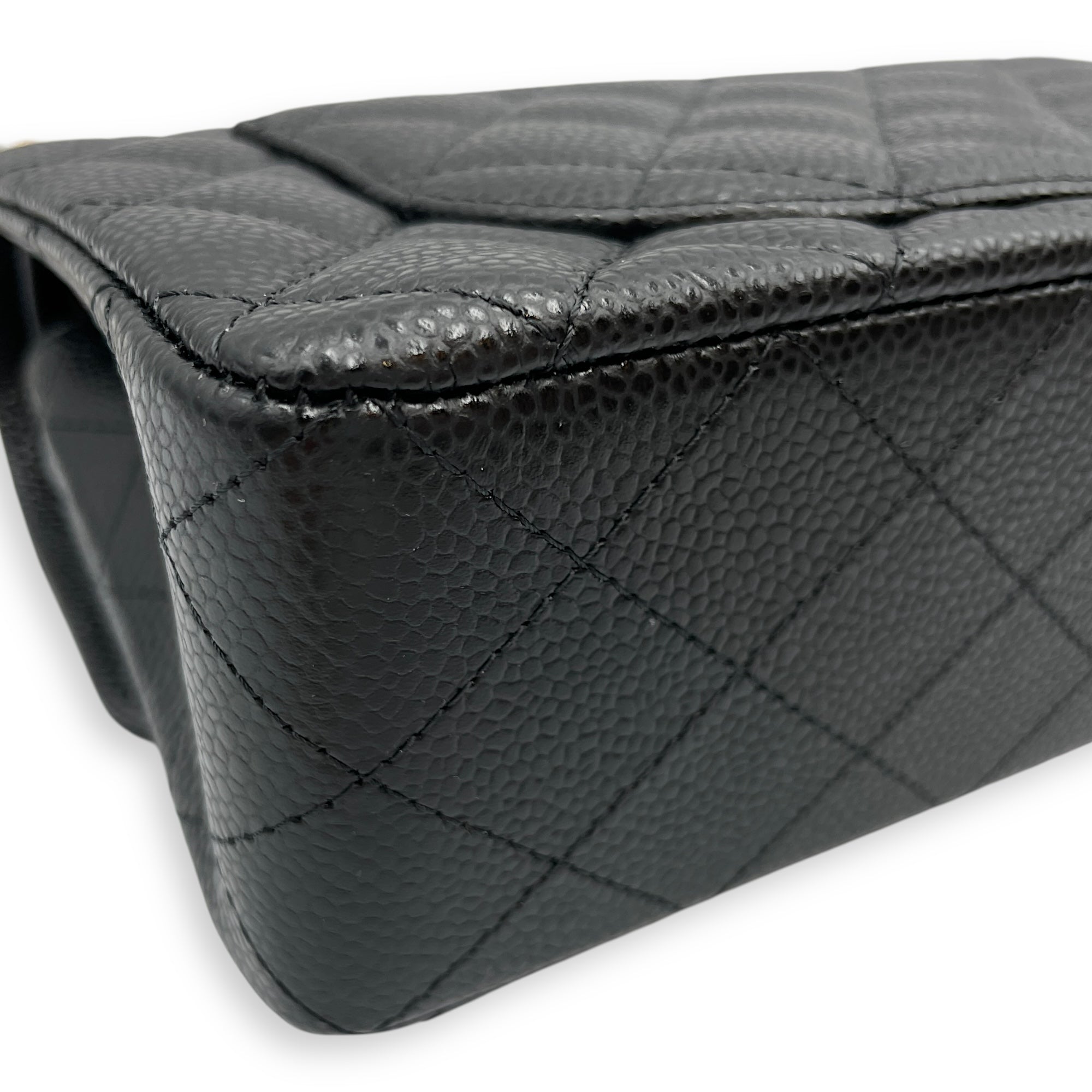 Classic Small Black Double Flap Bag in Caviar Leather, Gold hardware