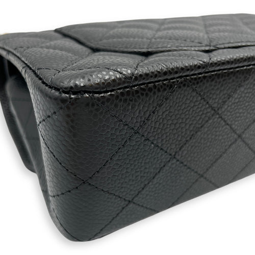 Classic Small Black Double Flap Bag in Caviar Leather, Gold hardware