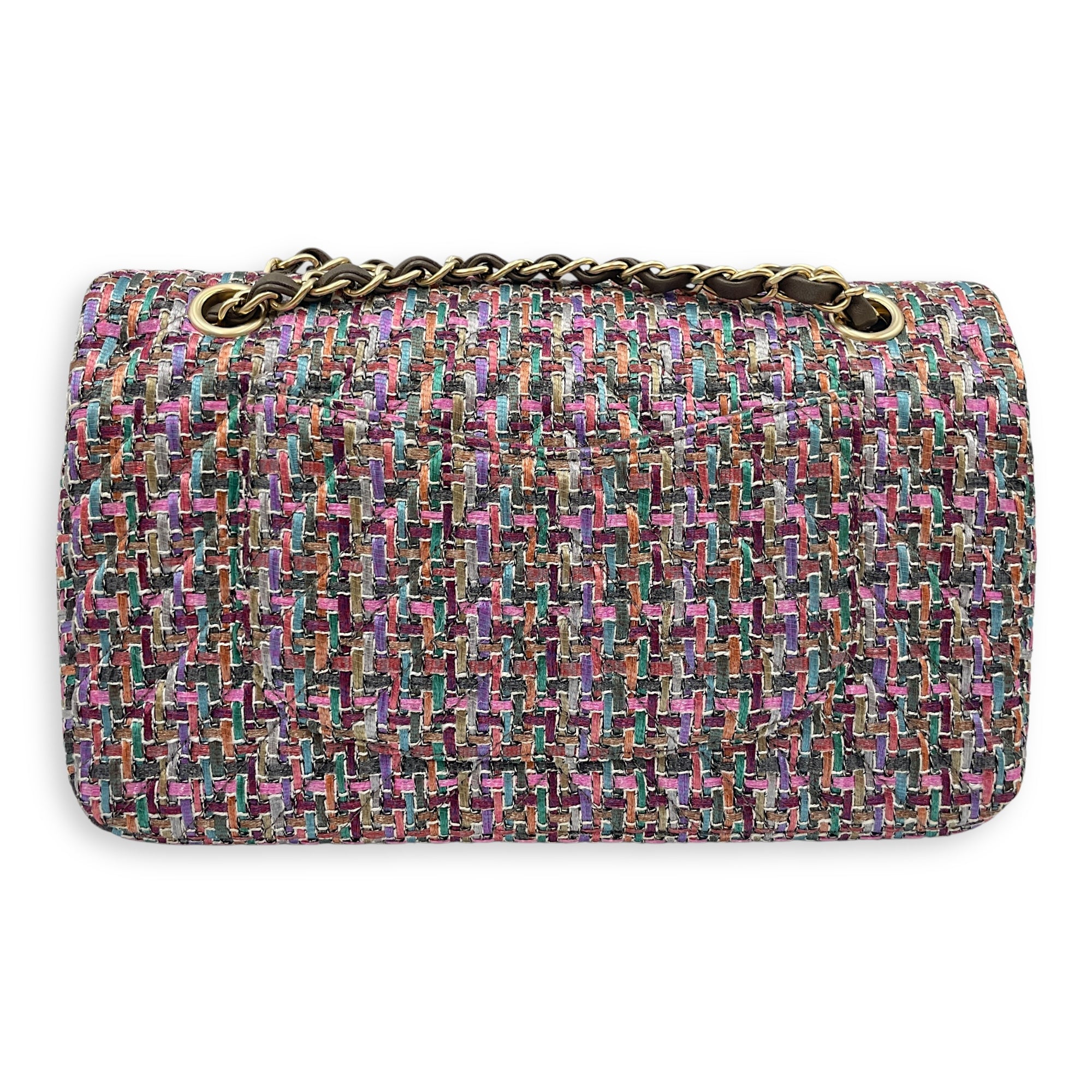 Tweed Classic Medium Multi-Color Double Flap Bag in Tweed, Gold hardware