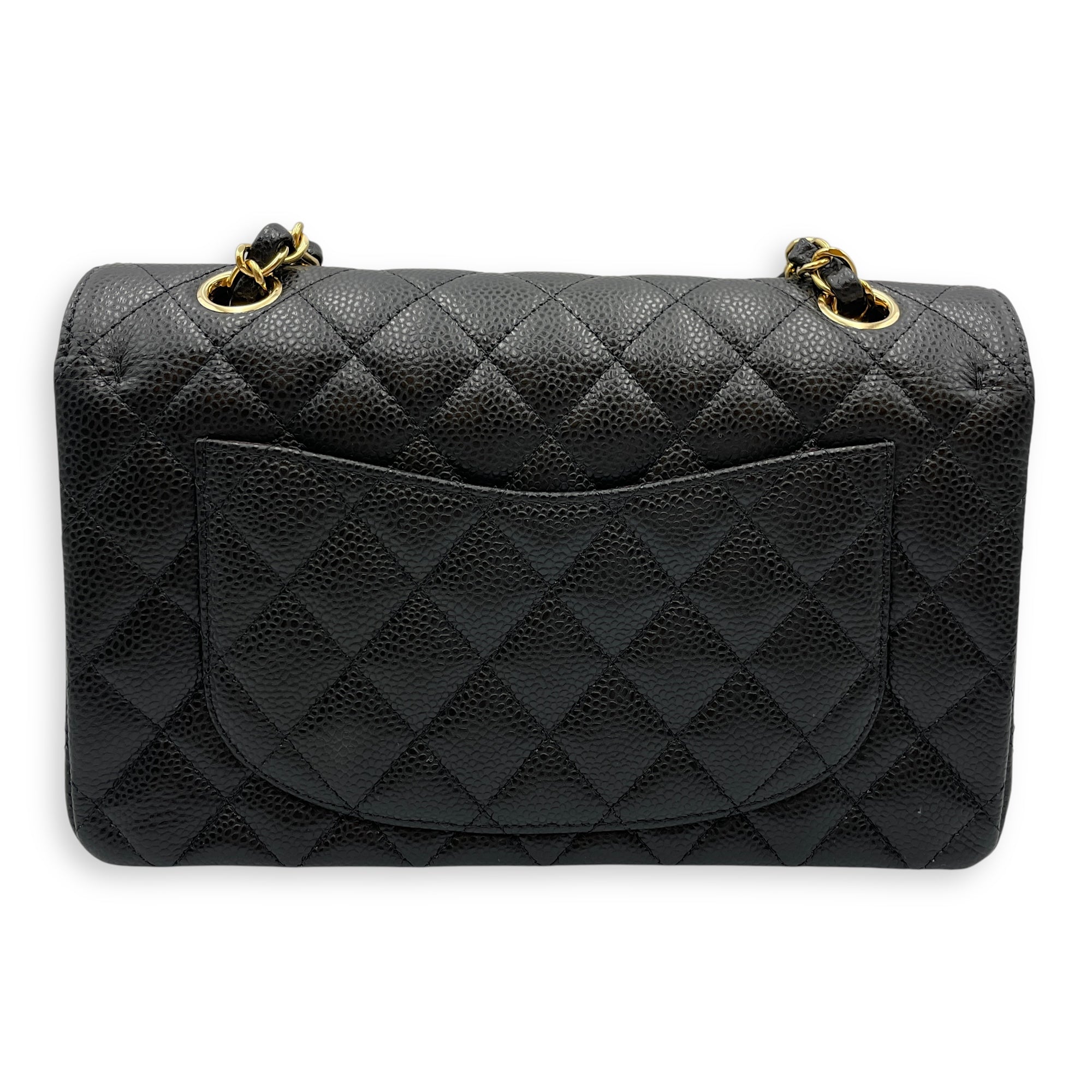 Classic Small Black Double Flap Bag in Caviar Leather, Gold hardware