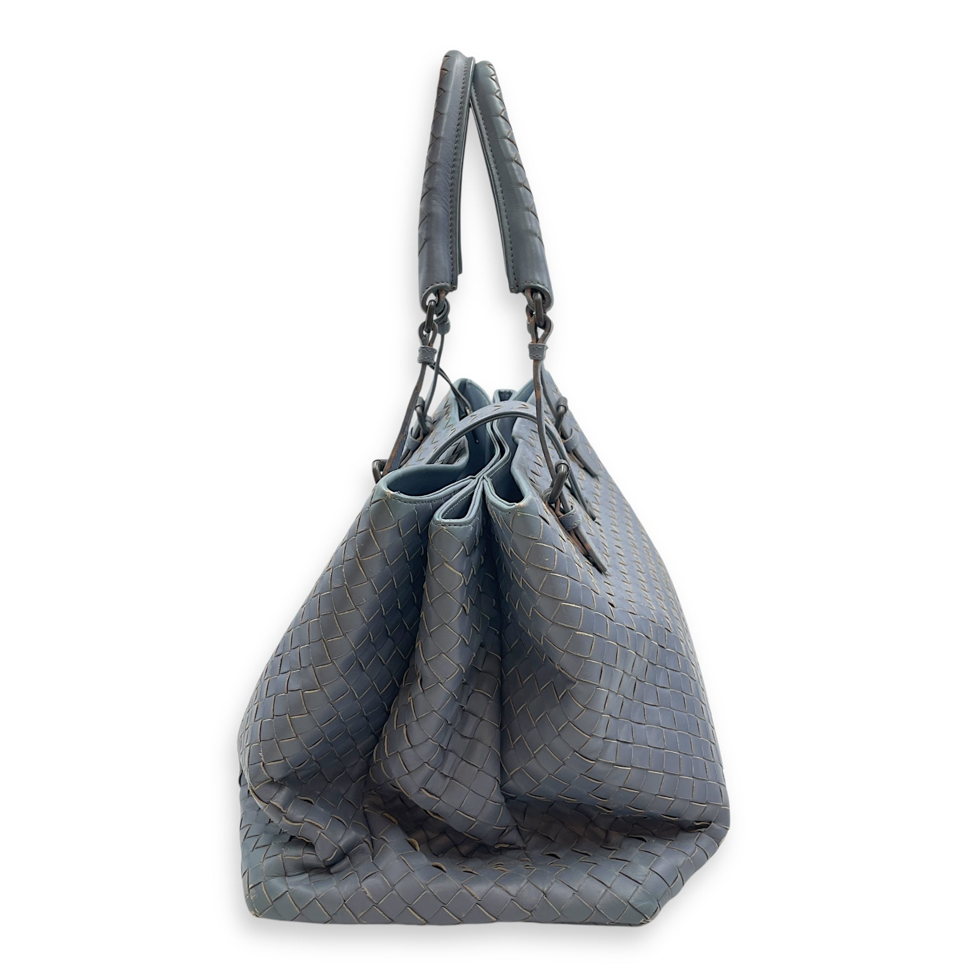 Intrecciato Roma Blue Shoulder Bag in Nappa Leather, Gunmetal hardware