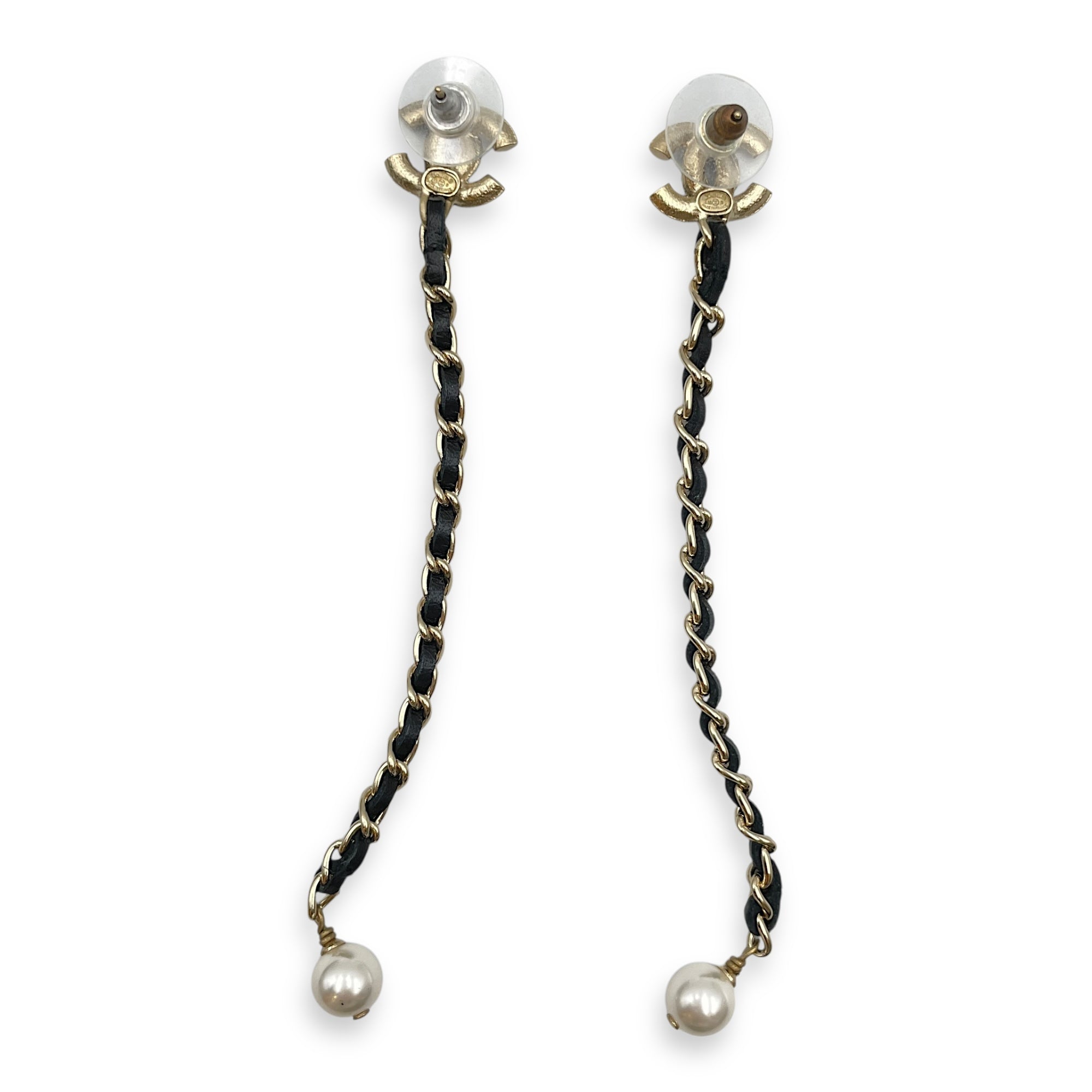 CC Dangling Pearl Brushed Palladium Earrings