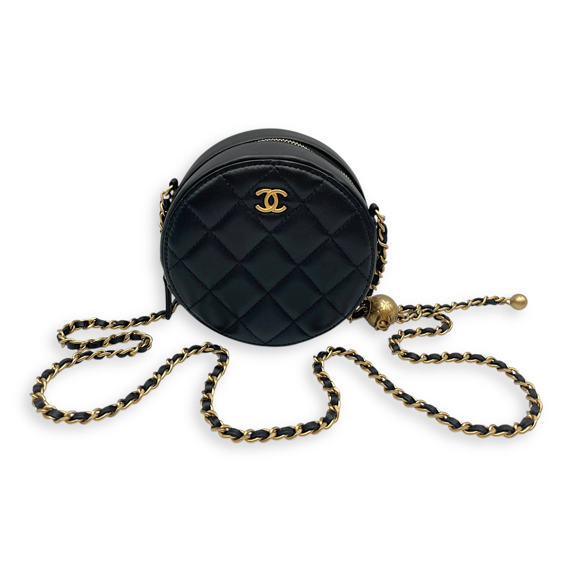 Round CC Black Crossbody Bag in Lambskin, Gold hardware
