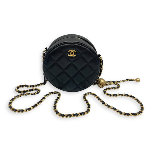 Round CC Black Crossbody Bag in Lambskin, Gold hardware