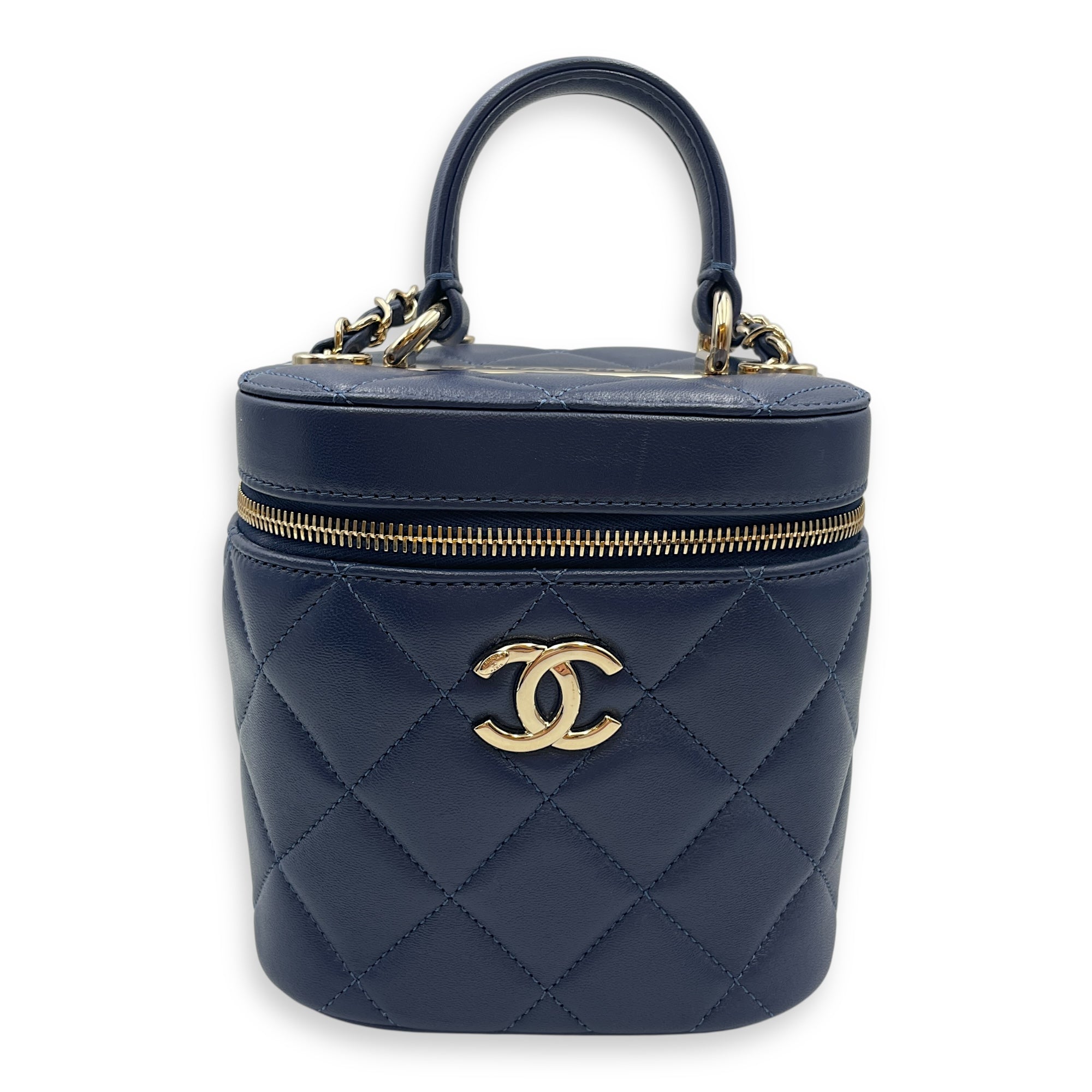 Trendy CC Blue Vanity Case in Calfskin, Gold hardware