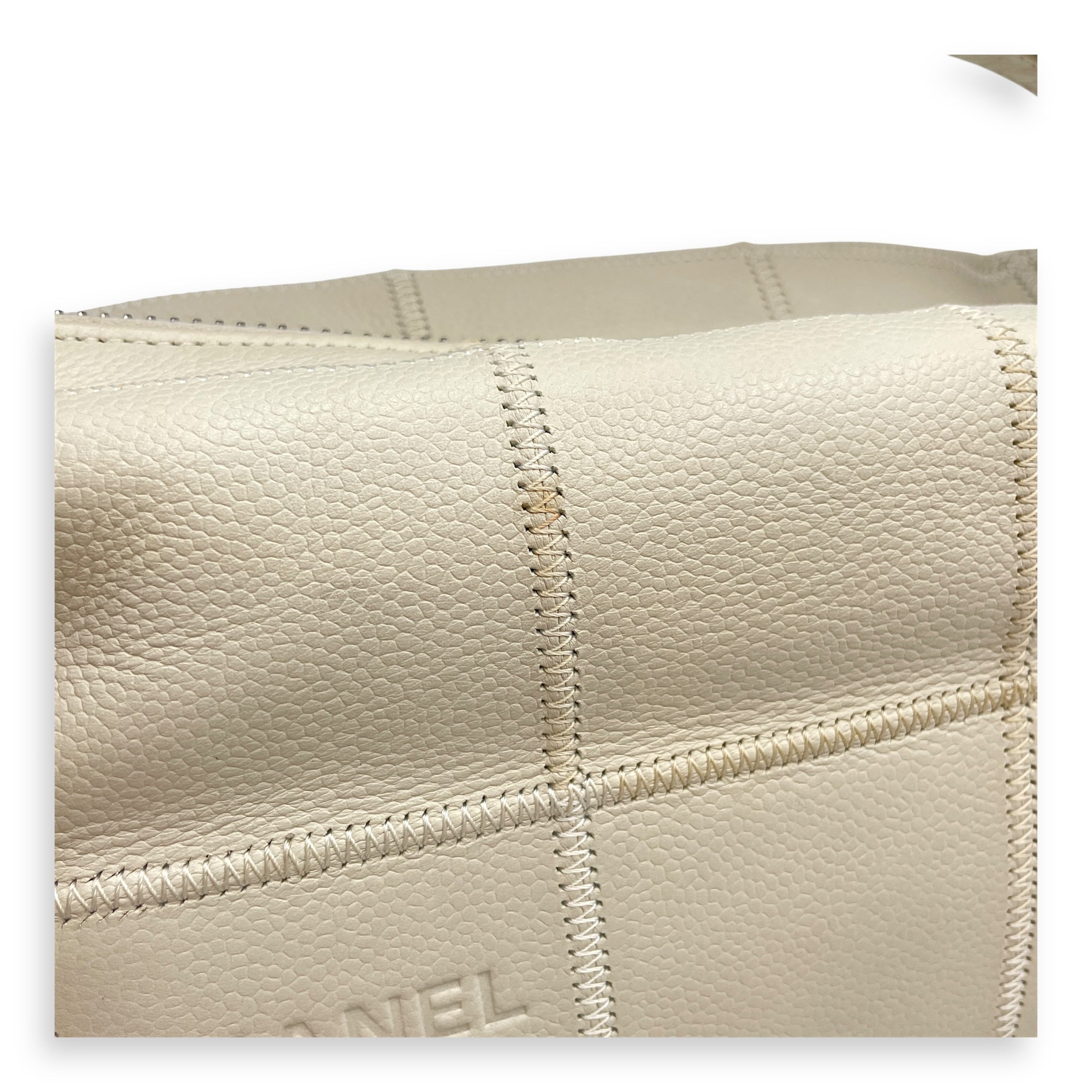 Square Quilted Lax White Top Handle Bag in Calfskin, Silver hardware