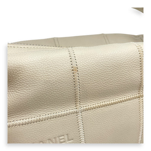 Square Quilted Lax White Top Handle Bag in Calfskin, Silver hardware