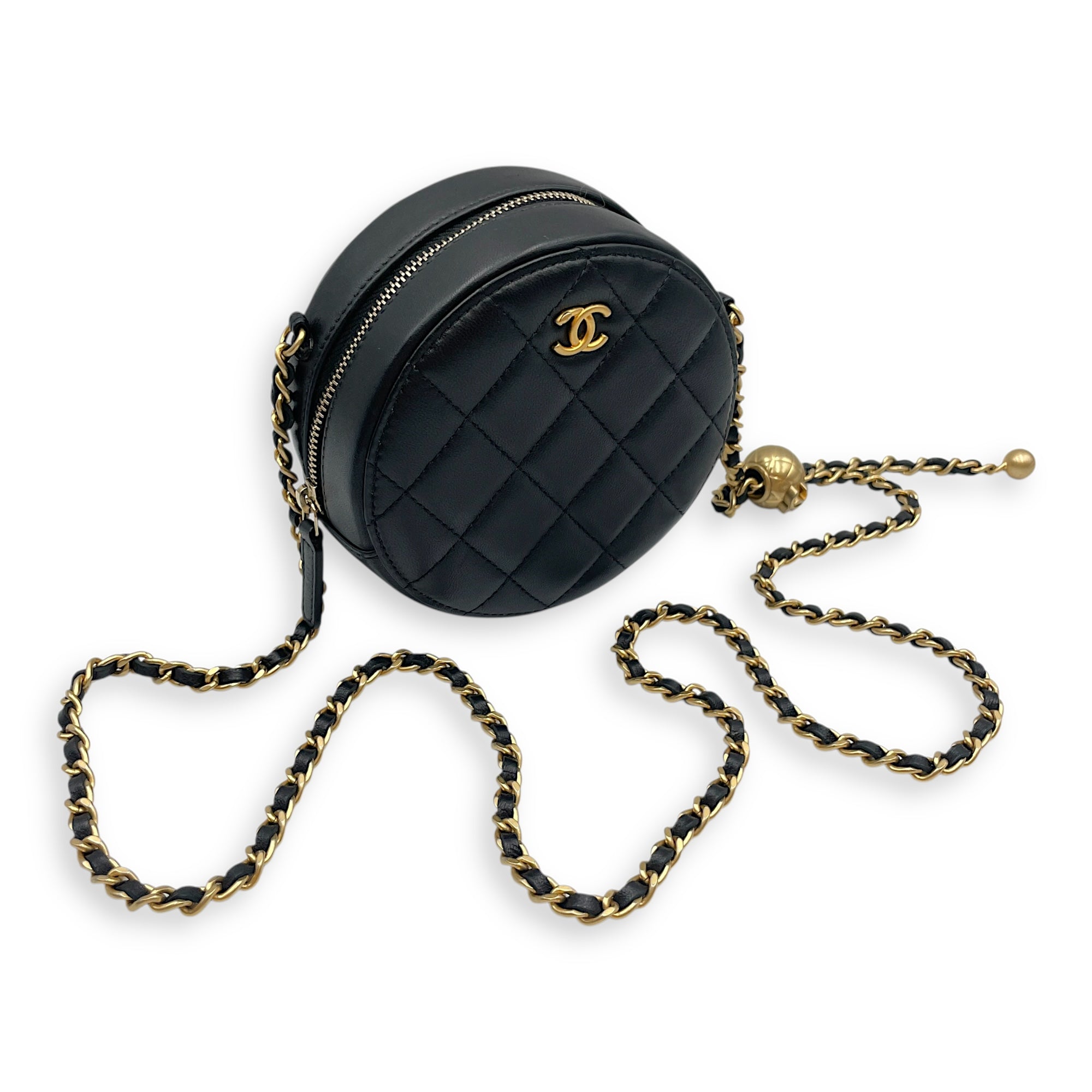 Round CC Black Crossbody Bag in Lambskin, Gold hardware