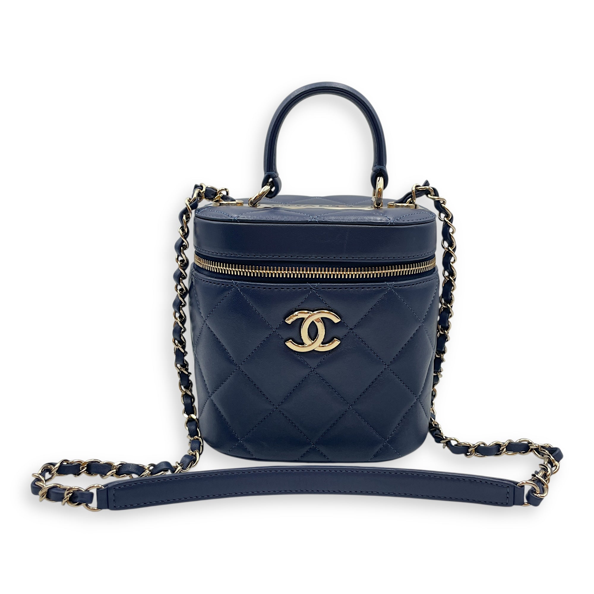 Trendy CC Blue Vanity Case in Calfskin, Gold hardware