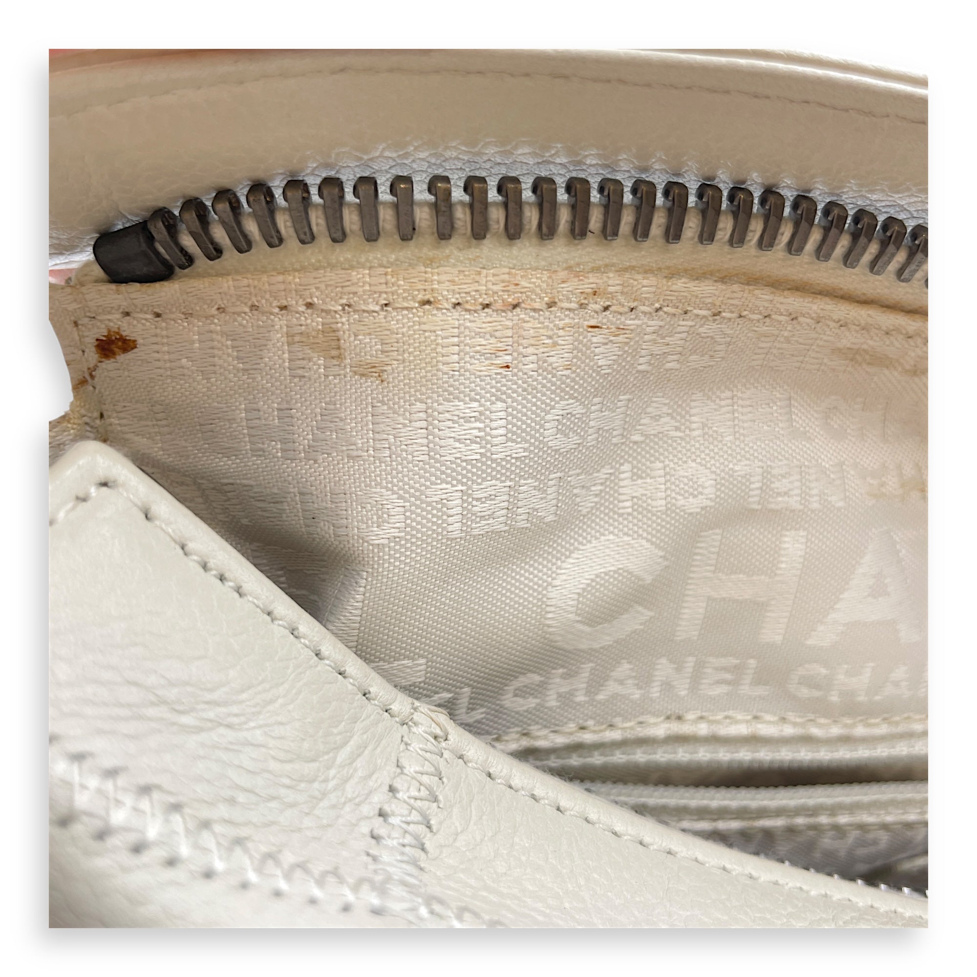 Square Quilted Lax White Top Handle Bag in Calfskin, Silver hardware