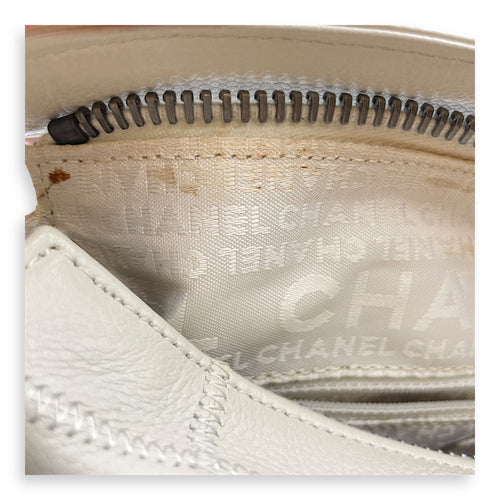 Square Quilted Lax White Top Handle Bag in Calfskin, Silver hardware
