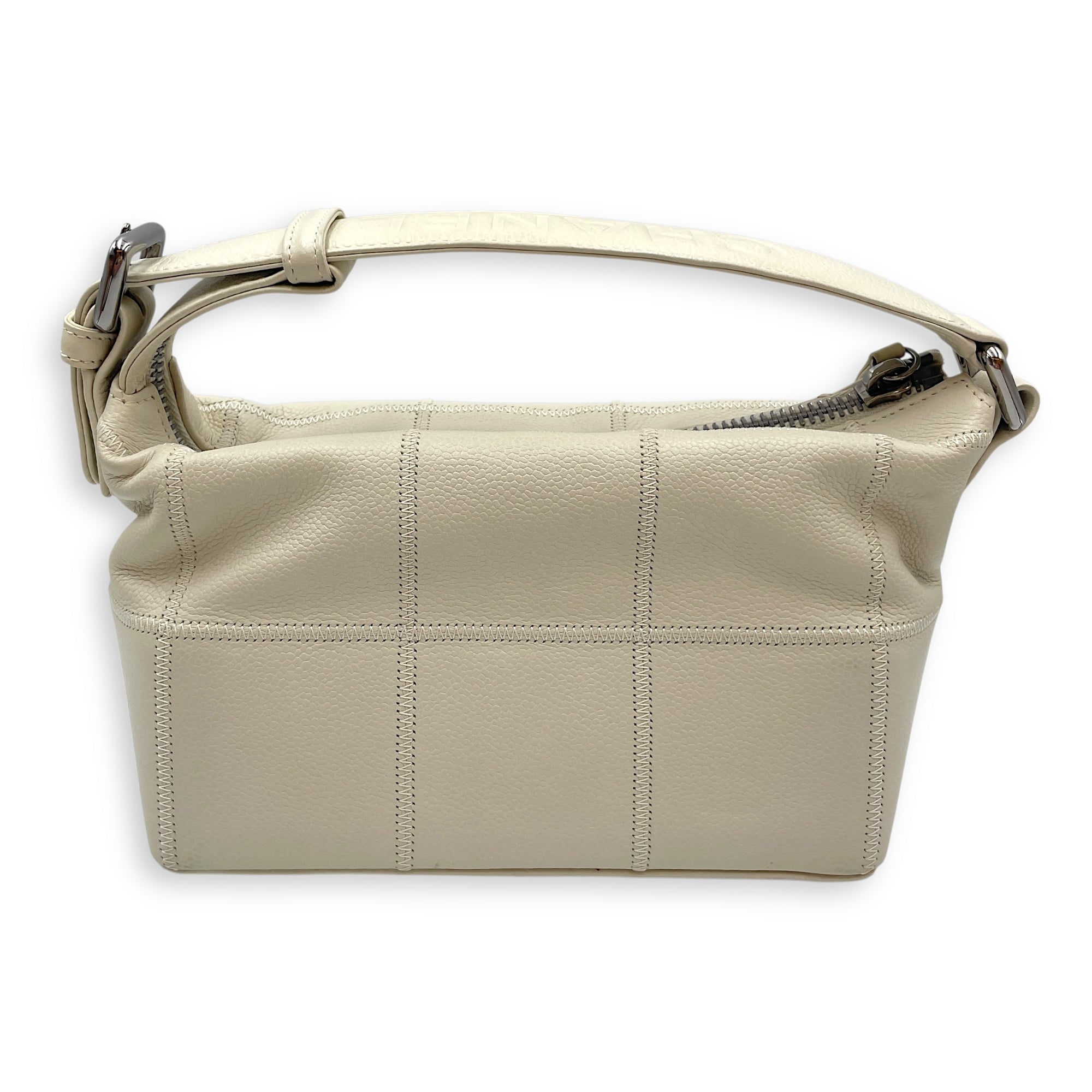 Square Quilted Lax White Top Handle Bag in Calfskin, Silver hardware