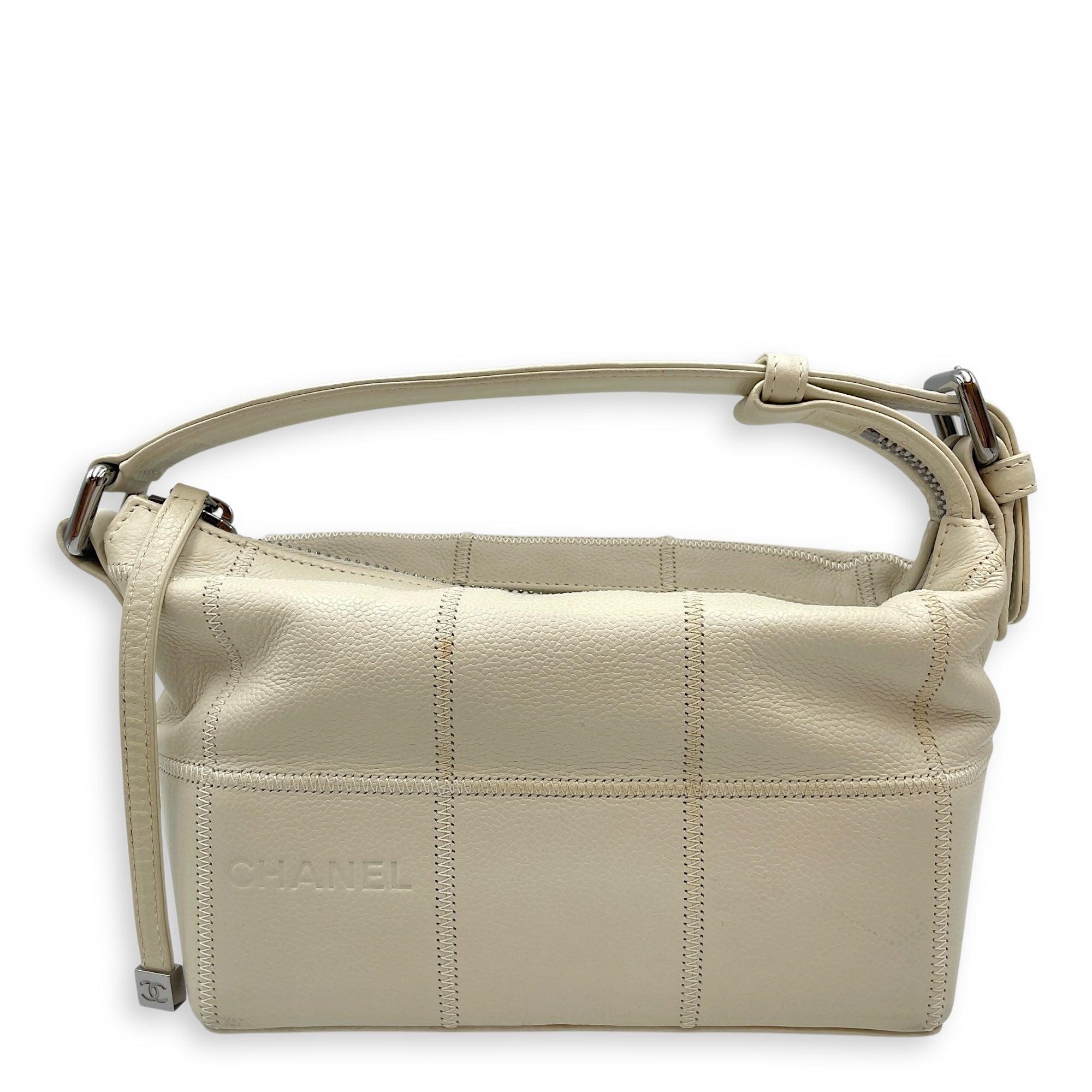 Square Quilted Lax White Top Handle Bag in Calfskin, Silver hardware