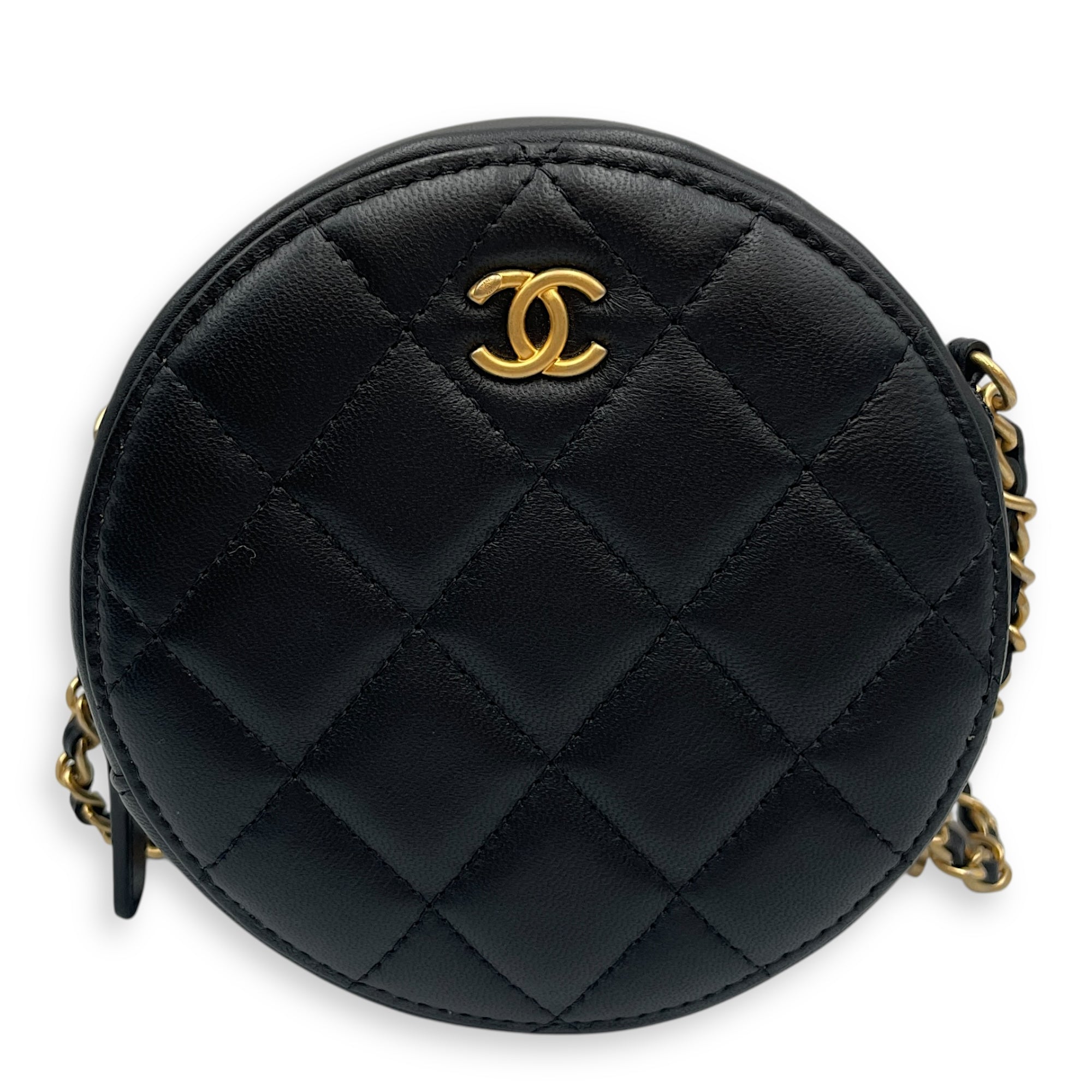 Round CC Black Crossbody Bag in Lambskin, Gold hardware