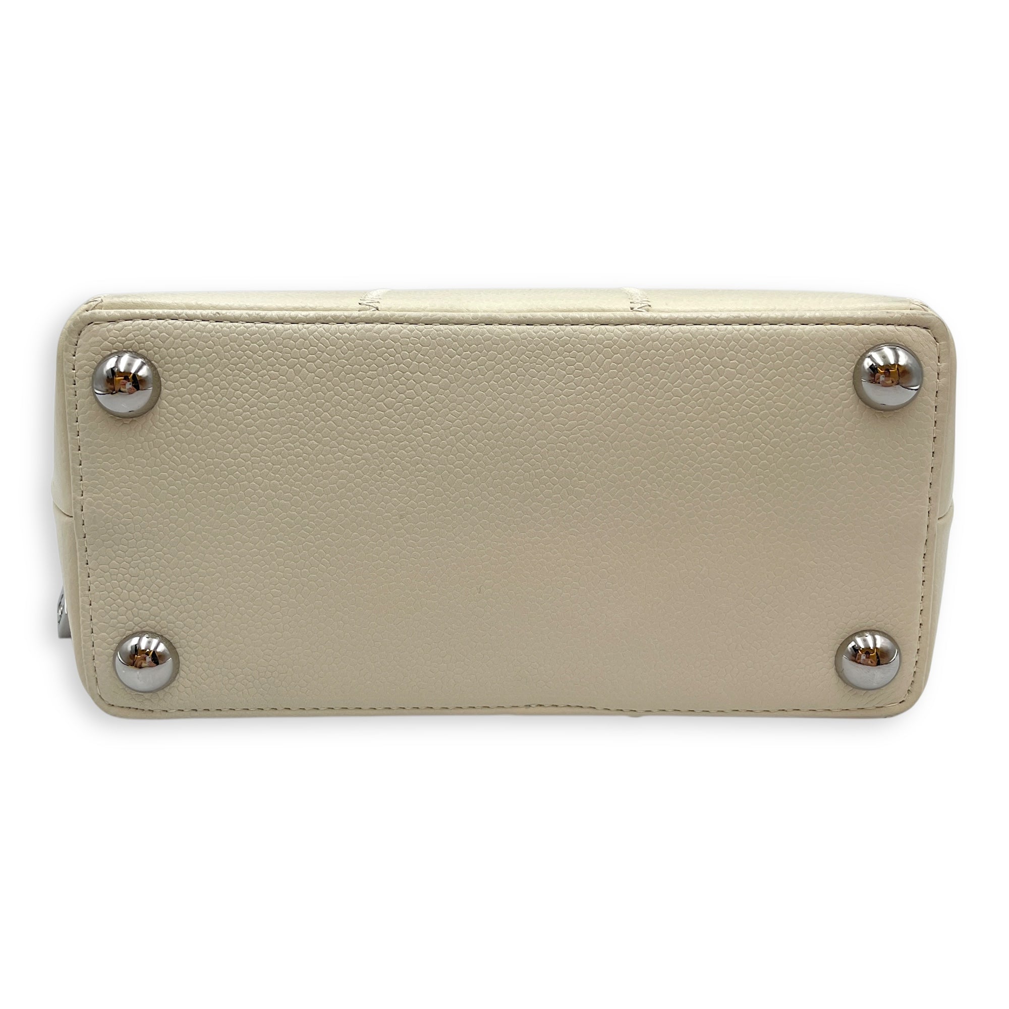 Square Quilted Lax White Top Handle Bag in Calfskin, Silver hardware