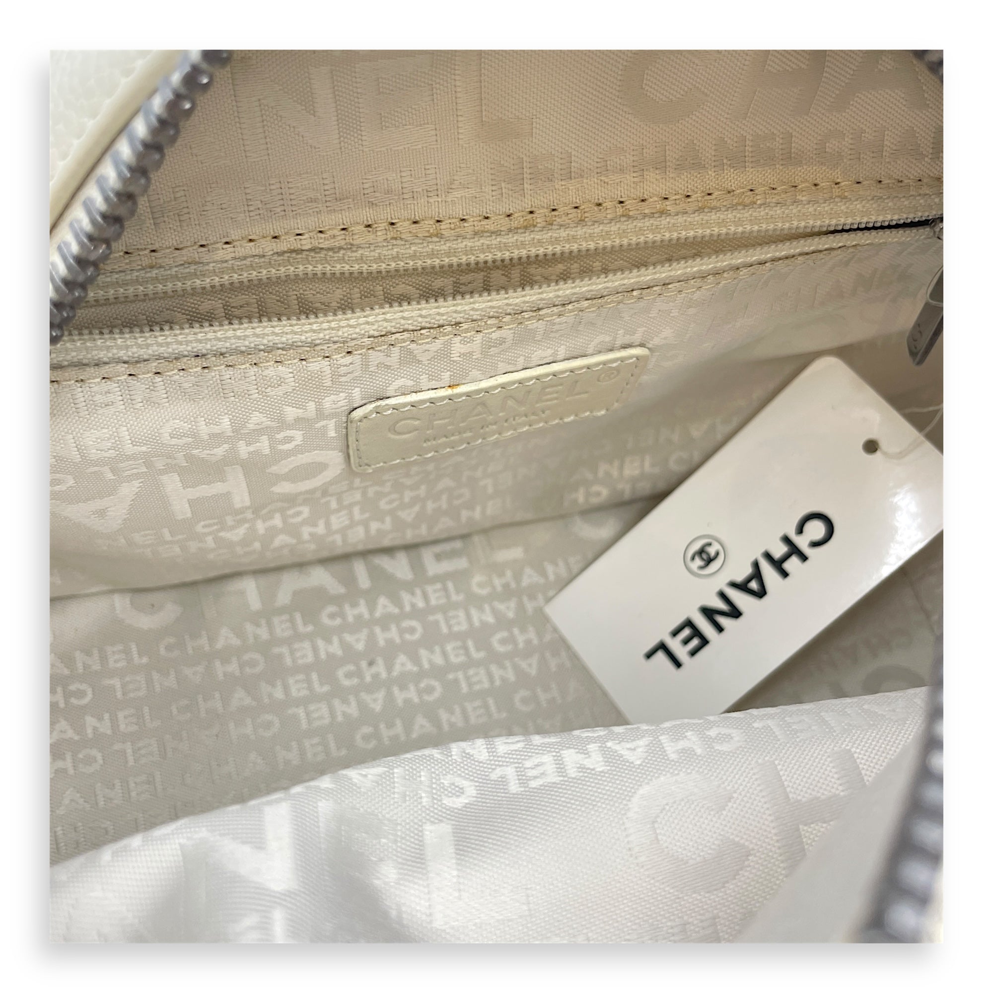 Square Quilted Lax White Top Handle Bag in Calfskin, Silver hardware