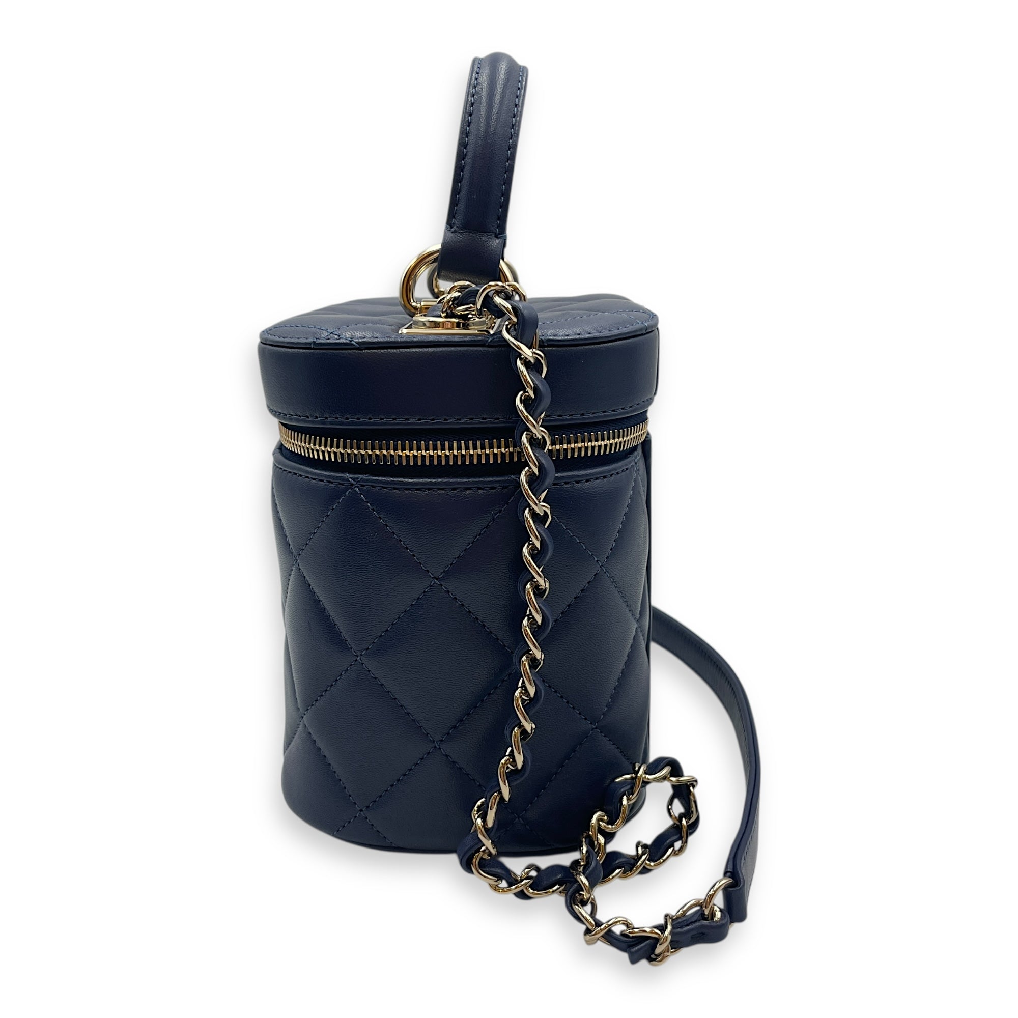Trendy CC Blue Vanity Case in Calfskin, Gold hardware