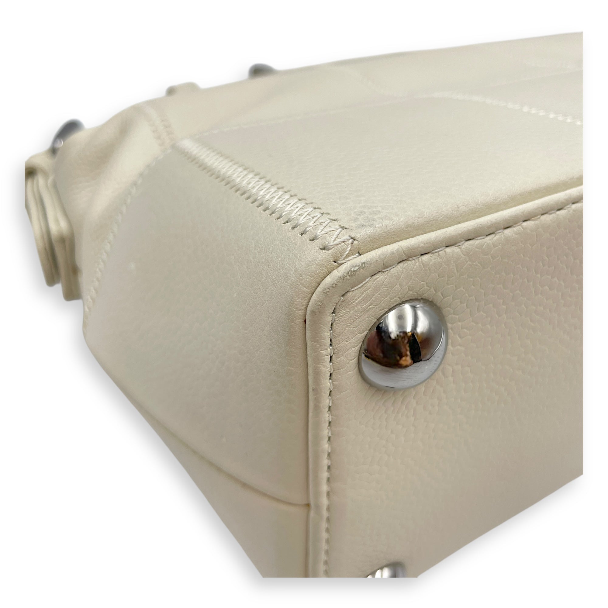 Square Quilted Lax White Top Handle Bag in Calfskin, Silver hardware