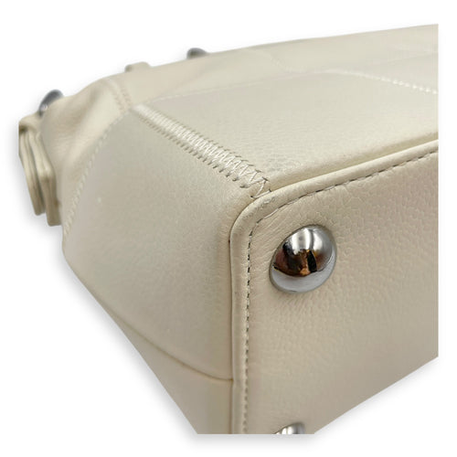 Square Quilted Lax White Top Handle Bag in Calfskin, Silver hardware