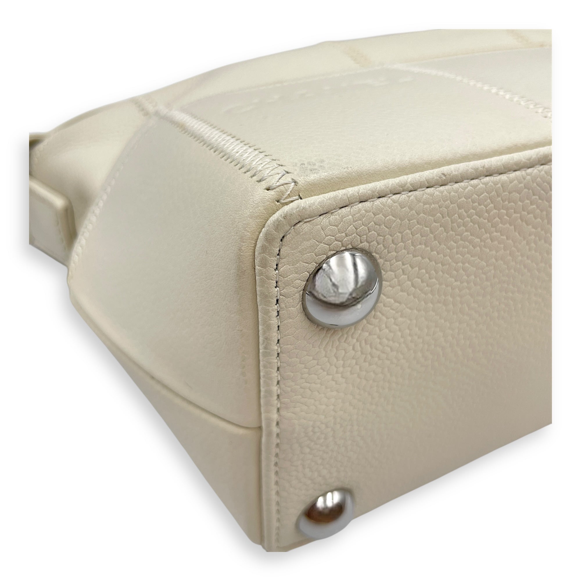 Square Quilted Lax White Top Handle Bag in Calfskin, Silver hardware