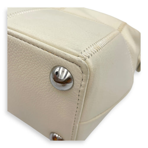 Square Quilted Lax White Top Handle Bag in Calfskin, Silver hardware